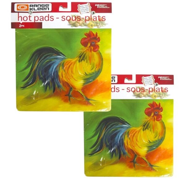 Rooster Tin Metal Hot Pads Trivets Colorful Whimsical Square 7x7 in 4 Hot Pads - Picture 9 of 16